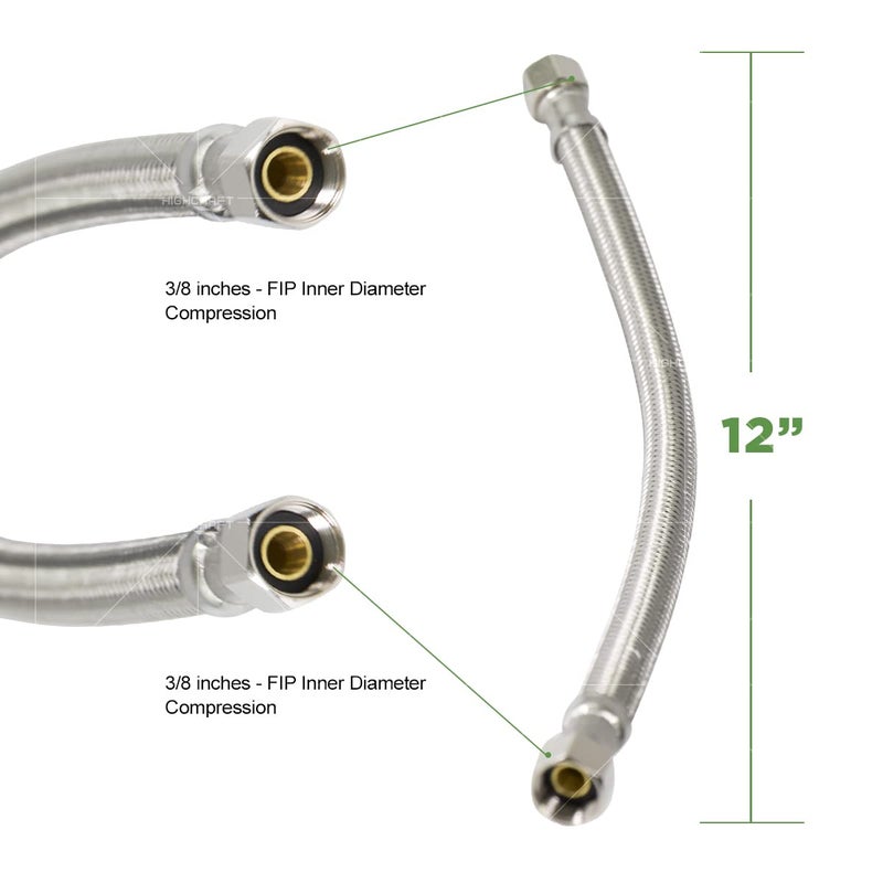 Highcraft CNCT27912-OM-2 Faucet Supply Line Connects Kitchen Sink To Water Supply, Braided Facuet Connector with 3/8 x 3/8 In FIP Female Compression Fitting, Stainless Steel 12 In (Pack Of 2) - Image 3